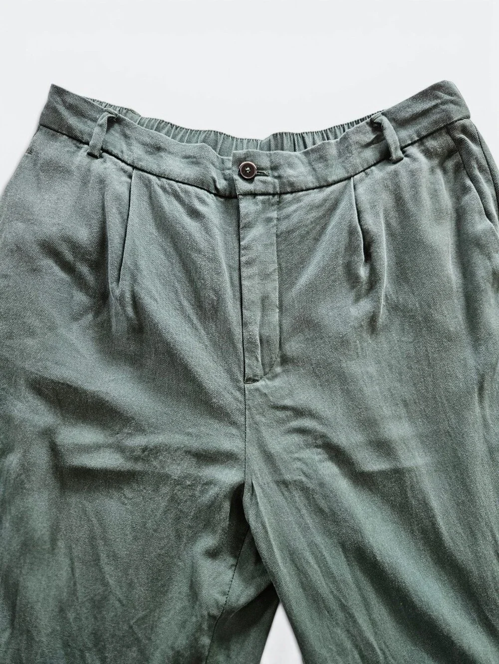 Zara Linen Blend Relaxed Fit Pleated High Waist Balloon Pants in Forest Green L